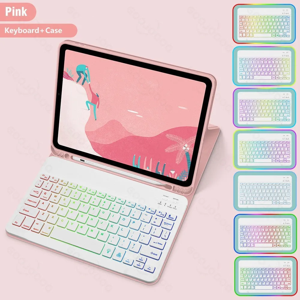 iPad in a colourful TPU leather case with a built-in RGB backlit Bluetooth keyboard and a flip-out stand.