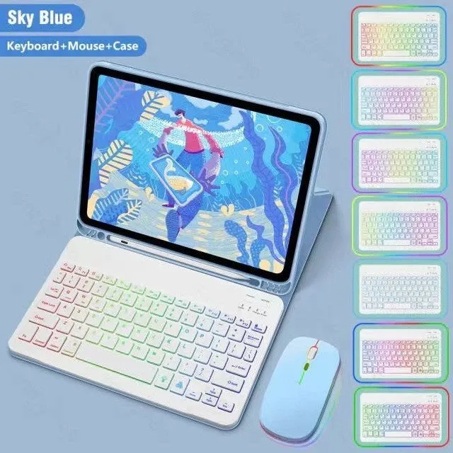 iPad in a colourful TPU leather case with a built-in RGB backlit Bluetooth keyboard and a flip-out stand.