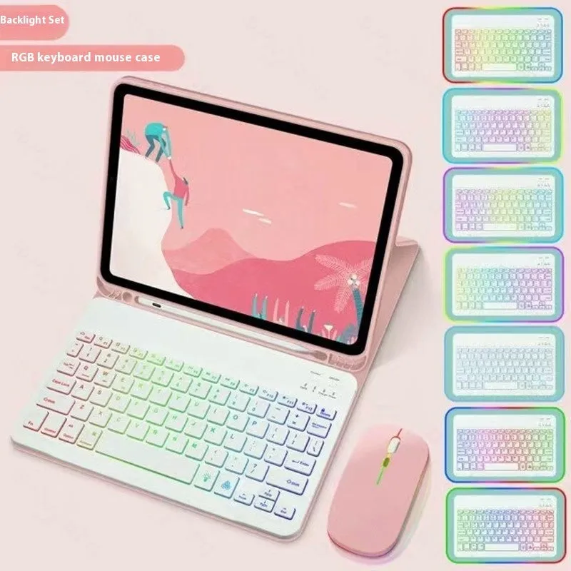 iPad in a colourful TPU leather case with a built-in RGB backlit Bluetooth keyboard and a flip-out stand.