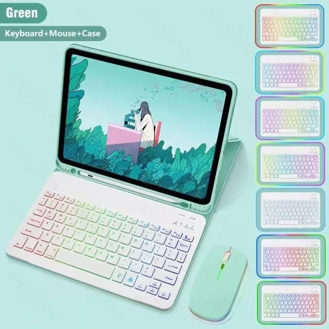 iPad in a colourful TPU leather case with a built-in RGB backlit Bluetooth keyboard and a flip-out stand.