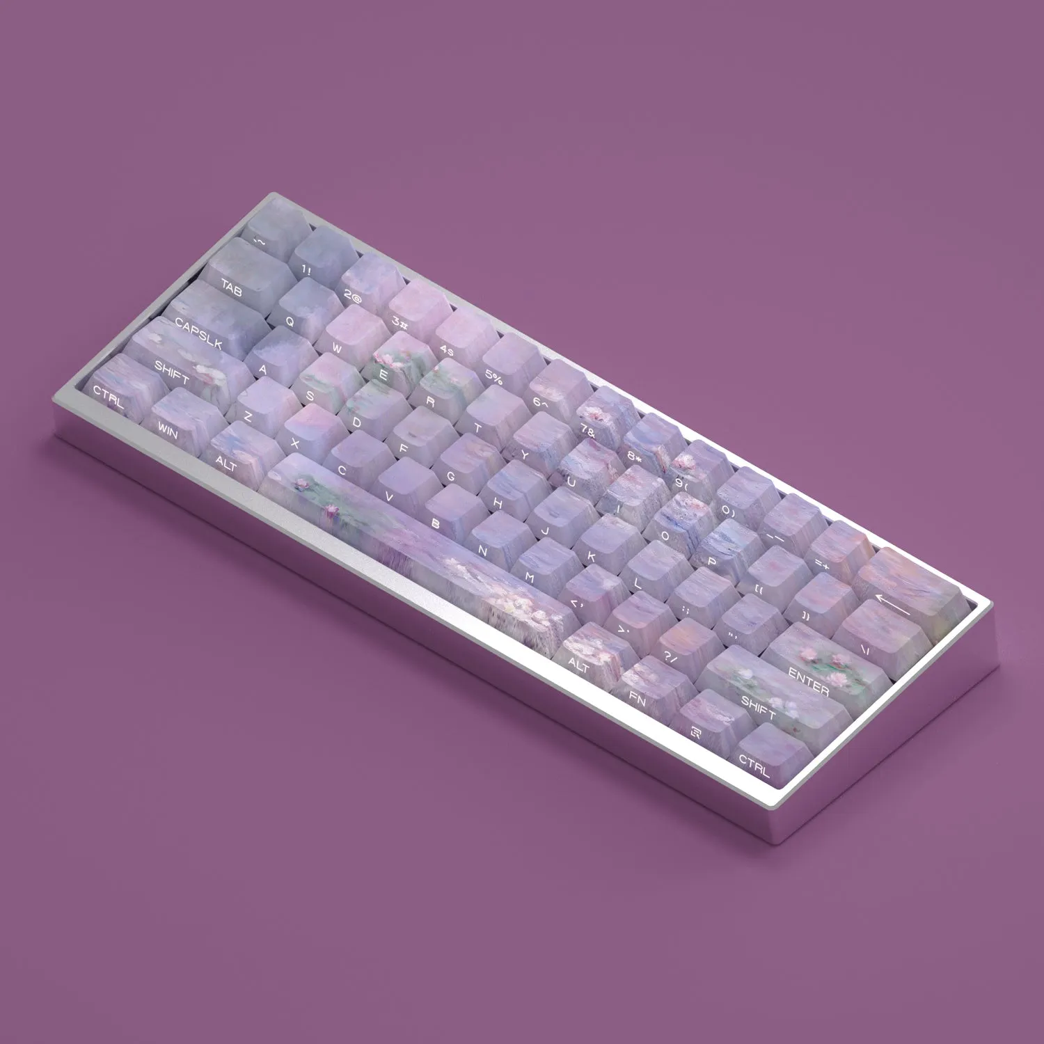 Set of white PBT keycaps with colourful water lily design on top and sides, showing side-engraved transparent characters.