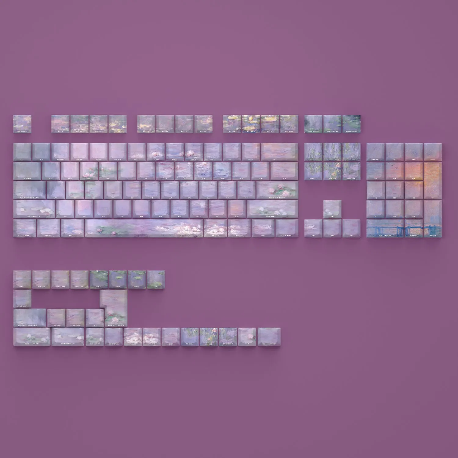 Set of white PBT keycaps with colourful water lily design on top and sides, showing side-engraved transparent characters.