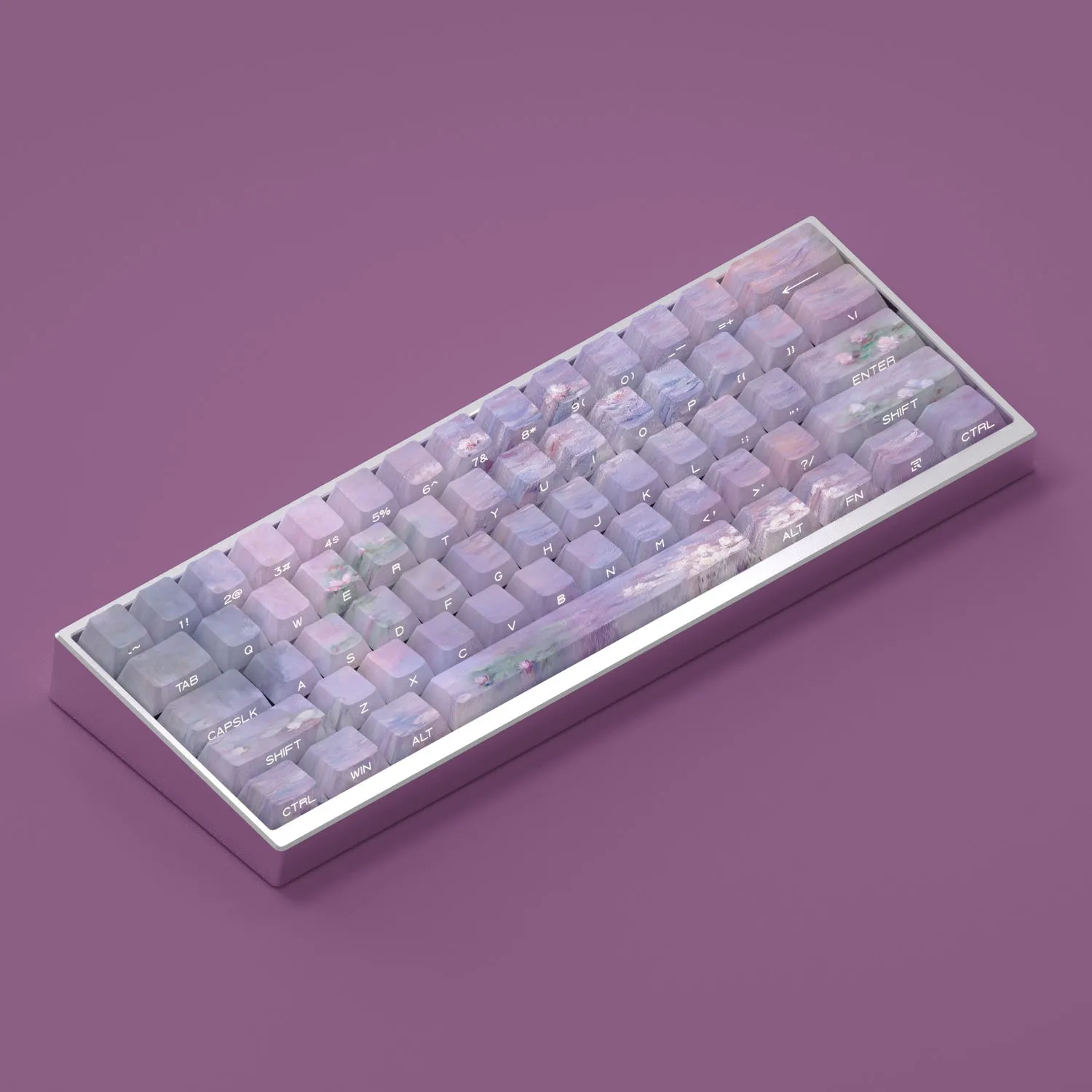 Set of white PBT keycaps with colourful water lily design on top and sides, showing side-engraved transparent characters.