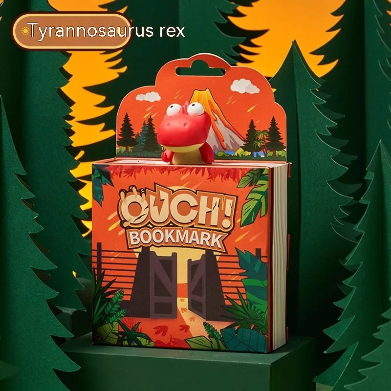 Dinosaur bookmark set showing four animated designs: T-Rex, Triceratops, Stegosaurus, Parasaurolophus
