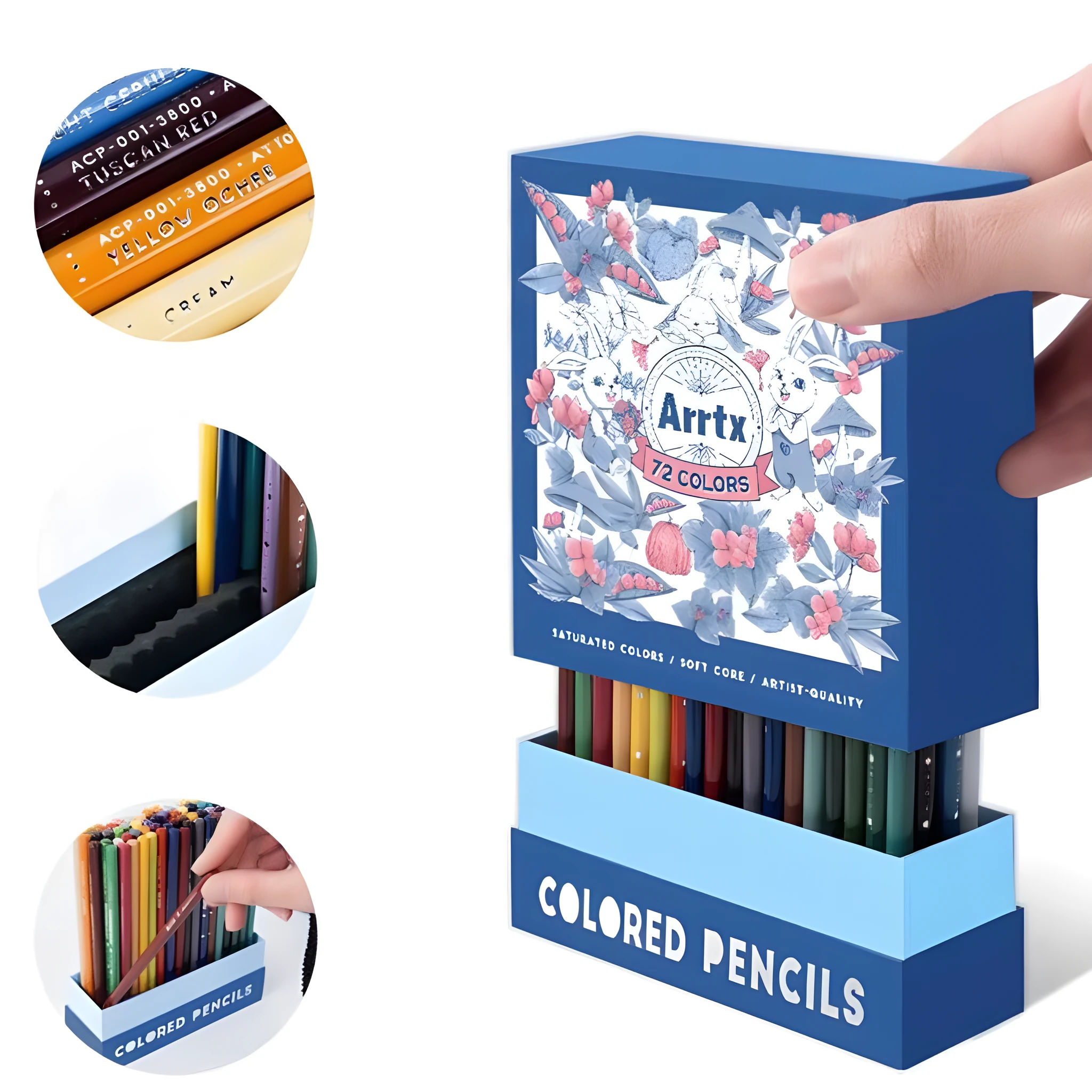 Boxed set of 72 assorted coloured pencils for drawing and art, showing basswood barrels and AP certification.