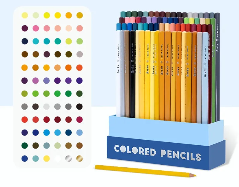 Boxed set of 72 assorted coloured pencils for drawing and art, showing basswood barrels and AP certification.