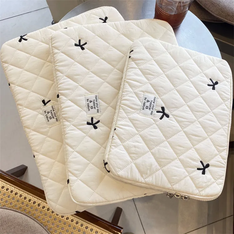 Nylon laptop storage bag with embroidered rhombus bow design in multiple colour options