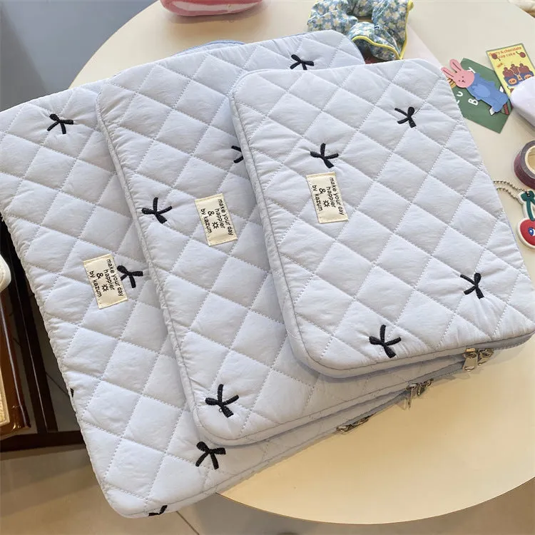 Nylon laptop storage bag with embroidered rhombus bow design in multiple colour options