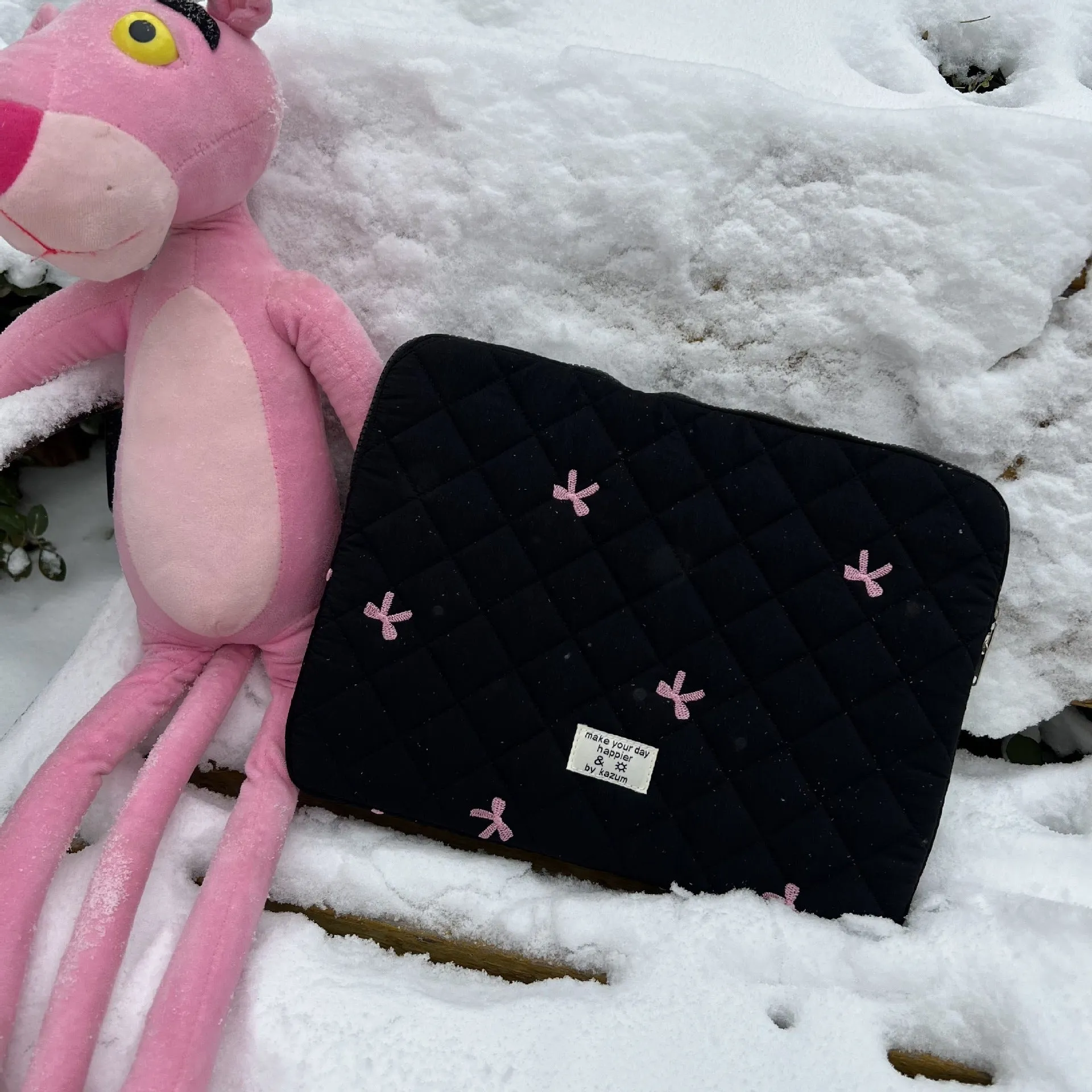 Nylon laptop storage bag with embroidered rhombus bow design in multiple colour options