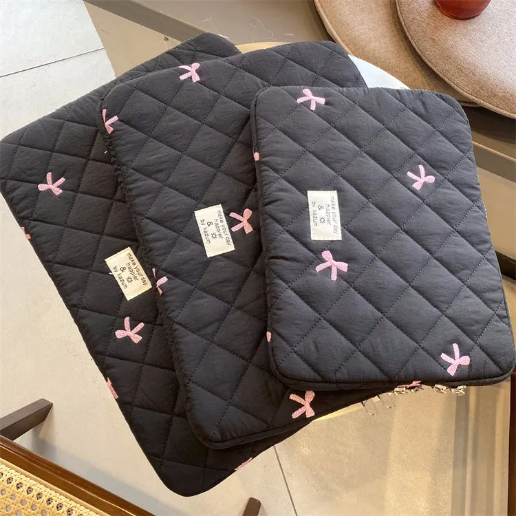 Nylon laptop storage bag with embroidered rhombus bow design in multiple colour options