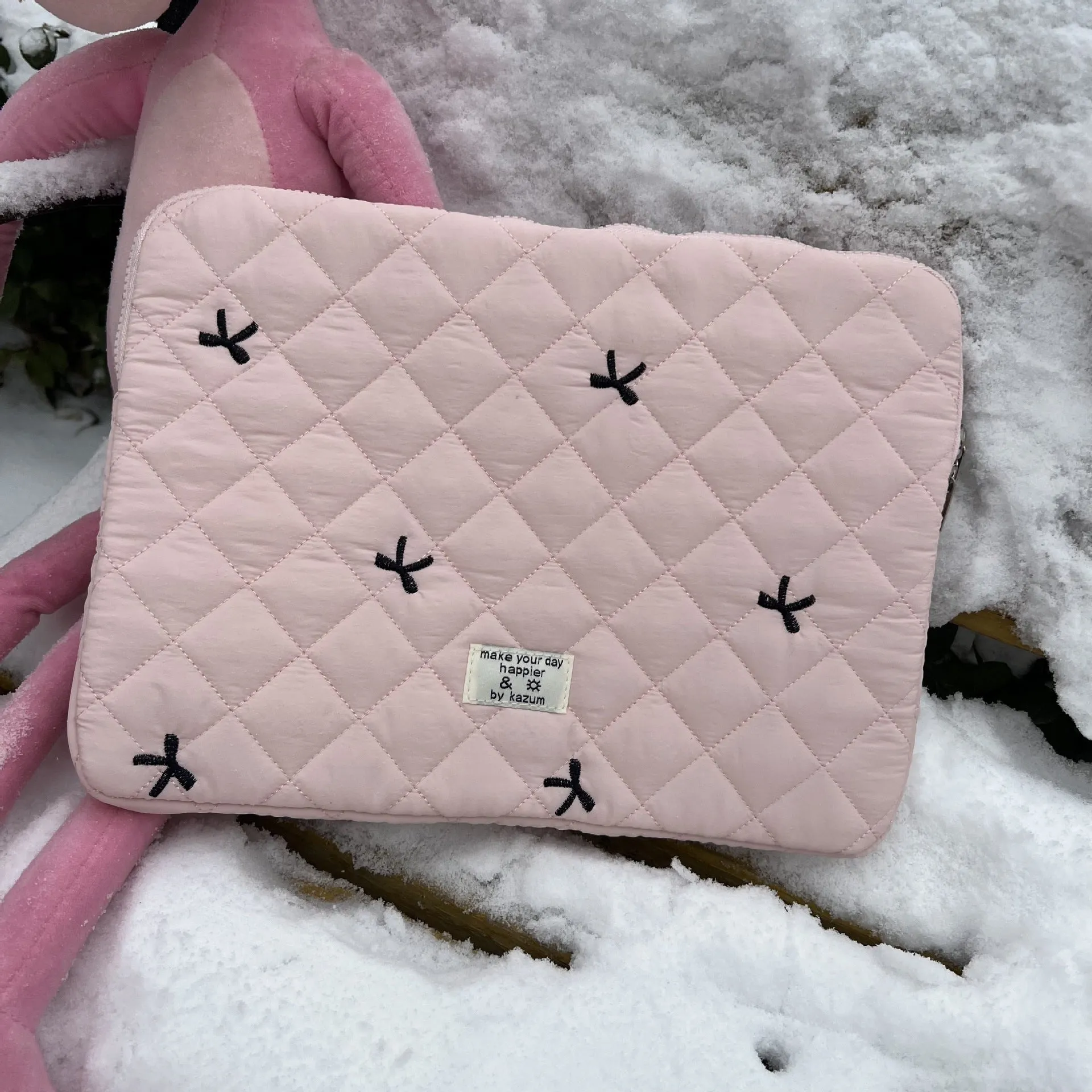 Nylon laptop storage bag with embroidered rhombus bow design in multiple colour options