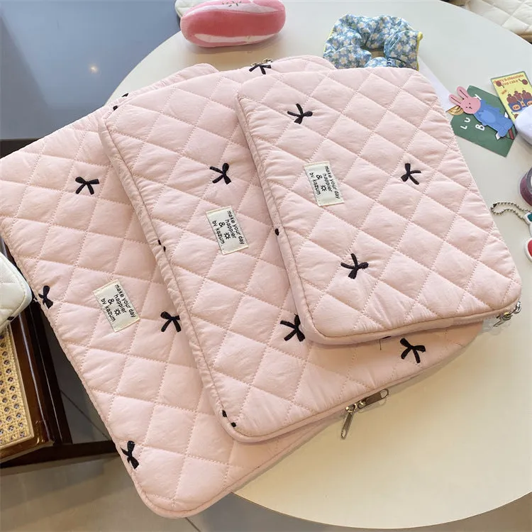 Nylon laptop storage bag with embroidered rhombus bow design in multiple colour options