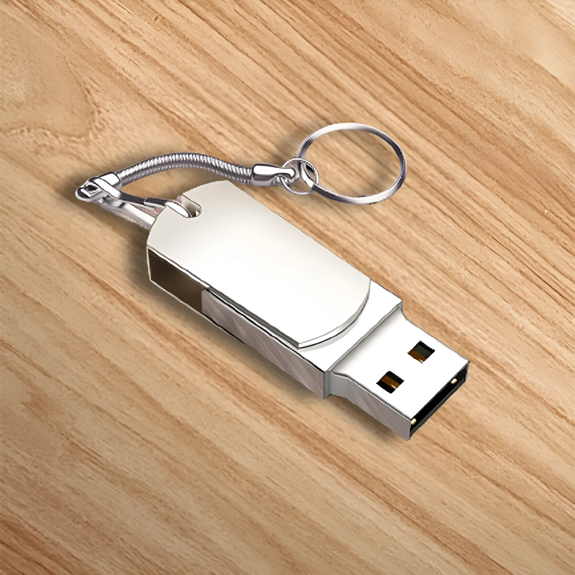 White metal USB flash drive with rotational mechanism showing compact 34mm design