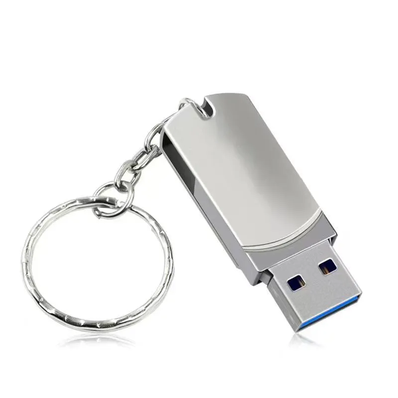 White metal USB flash drive with rotational mechanism showing compact 34mm design