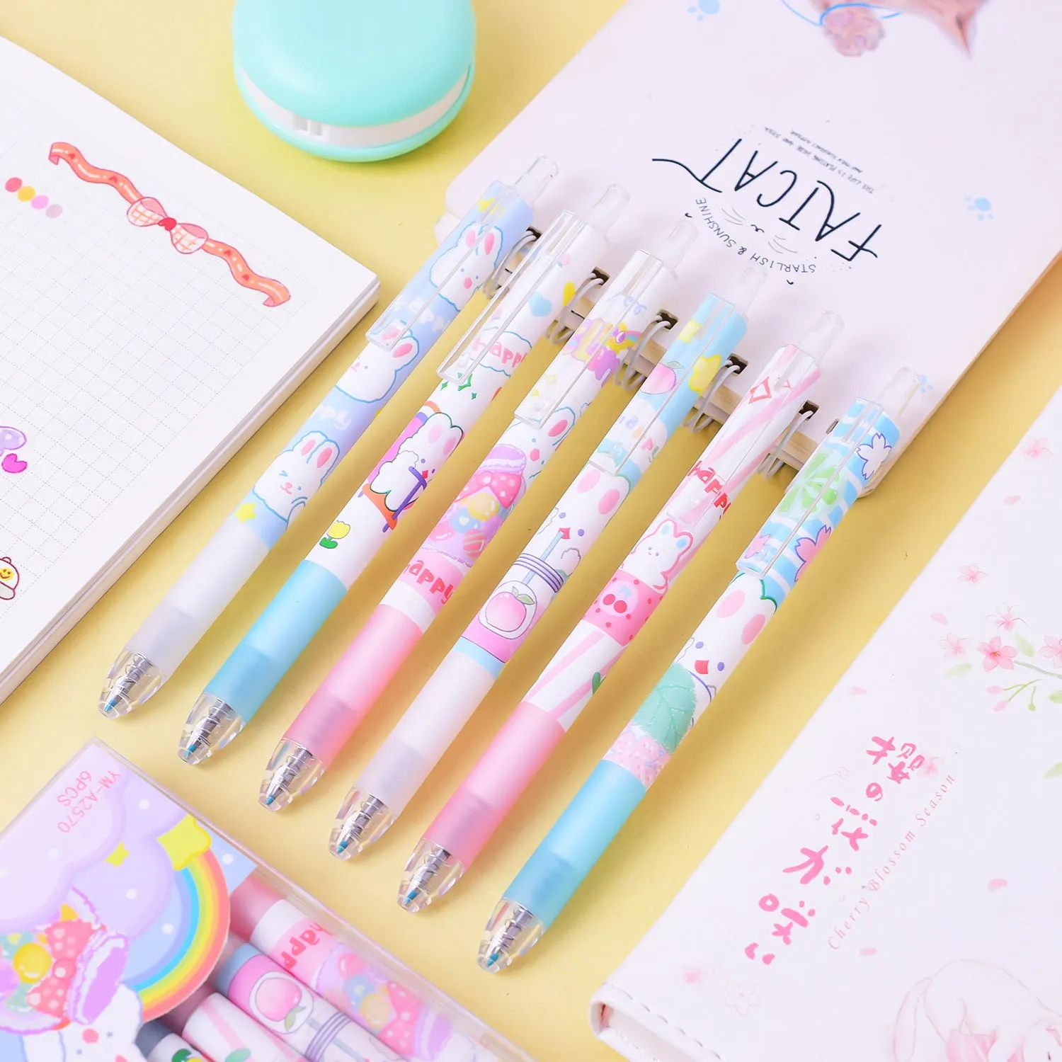 Six Cartoon Bunny Student Stationery Writing Pens with 0.5mm black ink tips in plastic shells