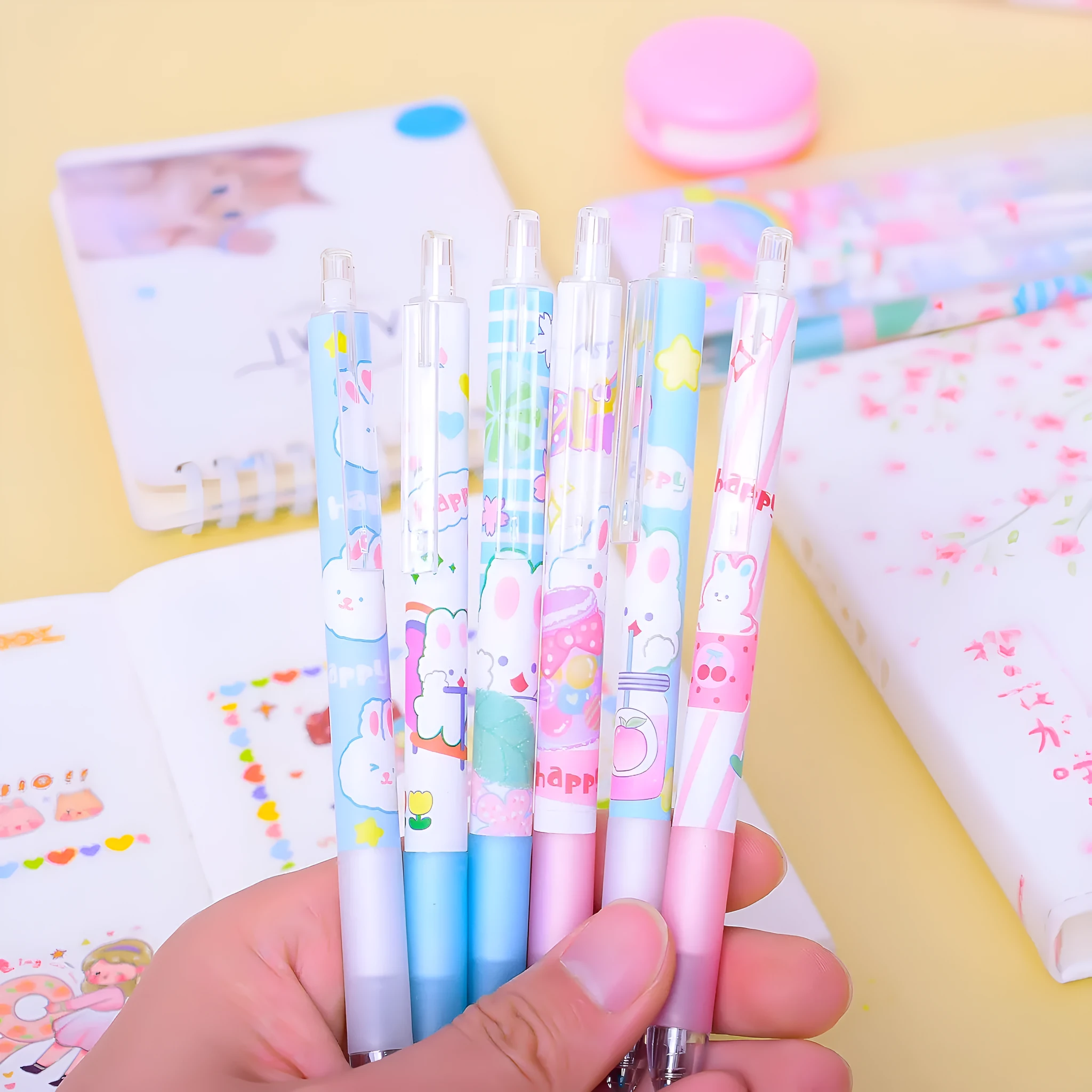 Six Cartoon Bunny Student Stationery Writing Pens with 0.5mm black ink tips in plastic shells
