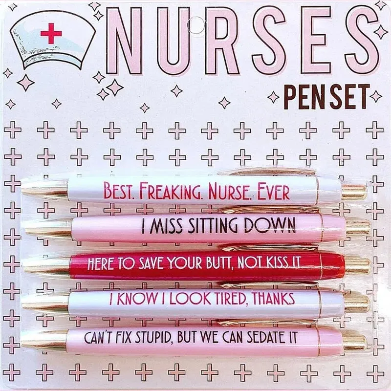 Five nurse theme ballpoint pens with humorous decoration arranged together