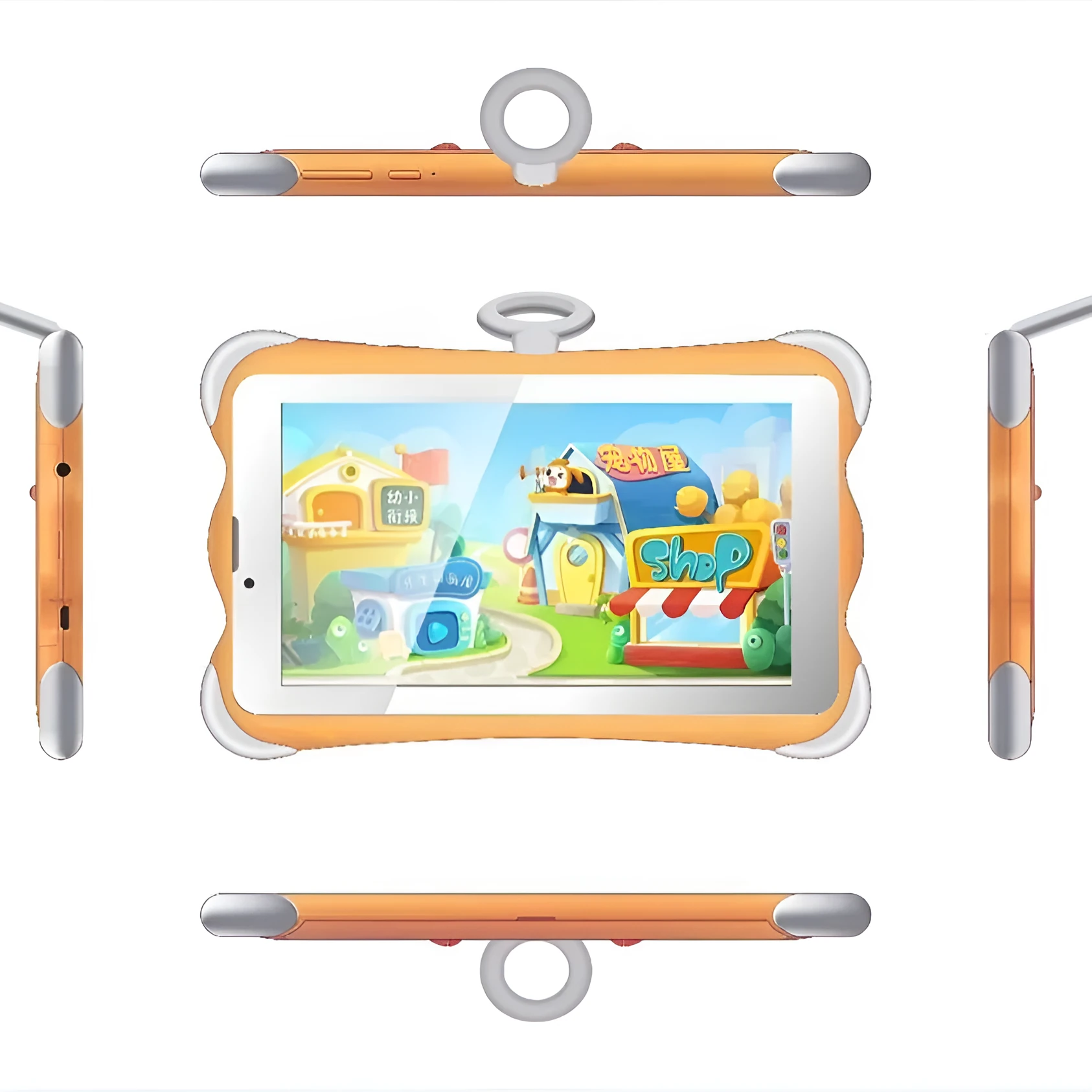 7-inch children's learning tablet with protective stand in cartoon colours showing screen display