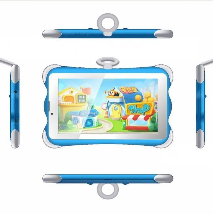 7-inch children's learning tablet with protective stand in cartoon colours showing screen display