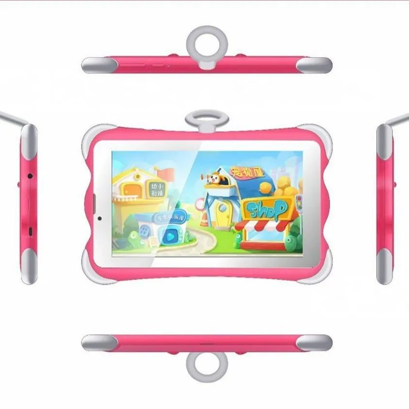7-inch children's learning tablet with protective stand in cartoon colours showing screen display