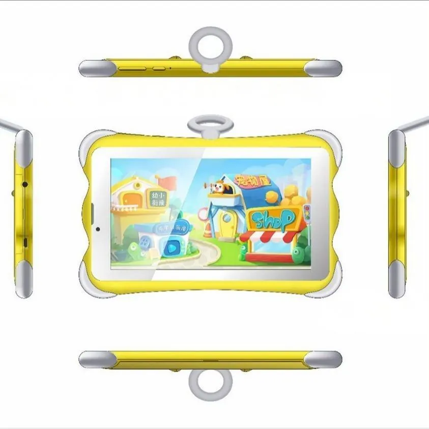 7-inch children's learning tablet with protective stand in cartoon colours showing screen display