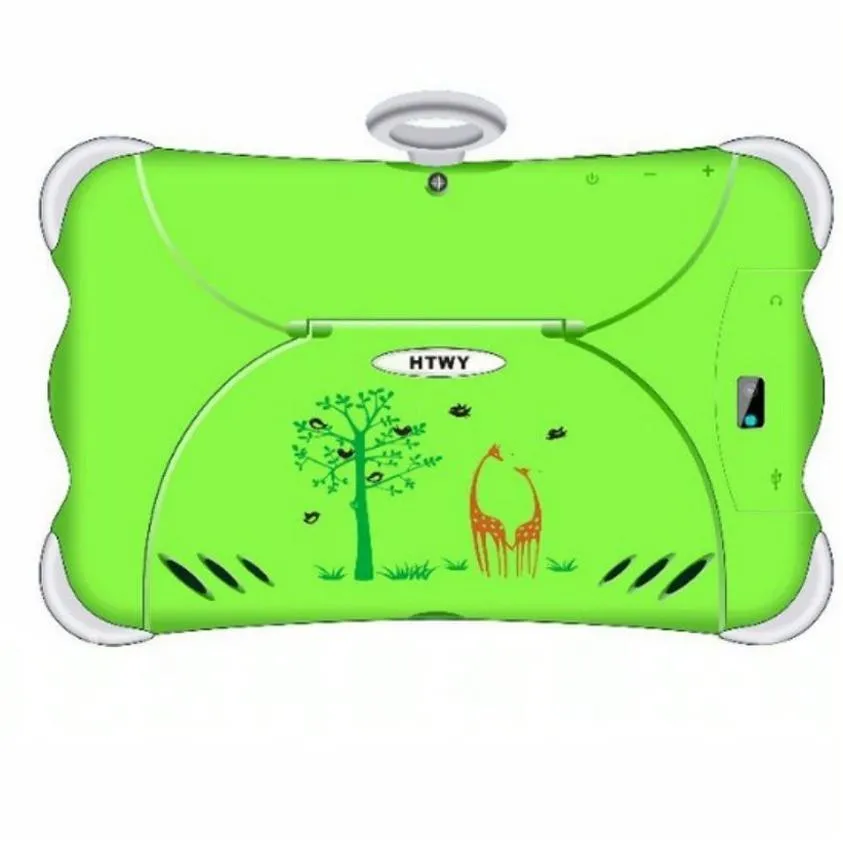 7-inch children's learning tablet with protective stand in cartoon colours showing screen display