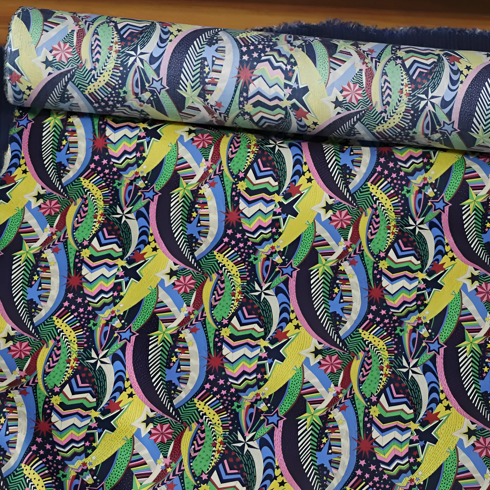 Blue digital print cotton fabric with plant and flower pattern showing 145cm width measurement