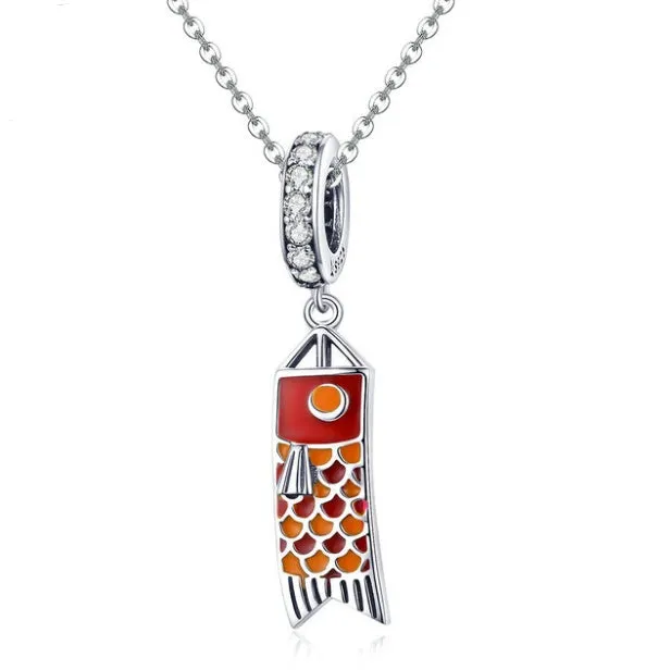 S925 sterling silver carp streamer fish pendant necklace with oxidised finish and zircon details
