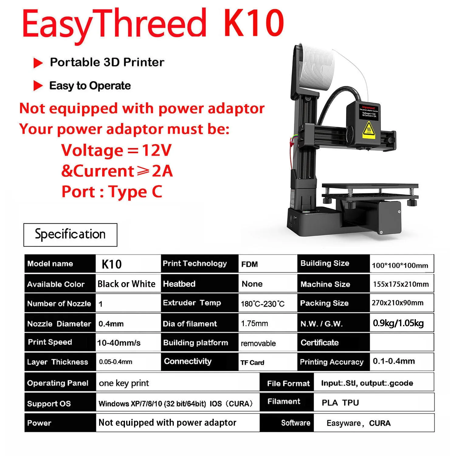 White EasyThreed K10 3D printer with 175mm build area compatible with TPU and PLA filaments