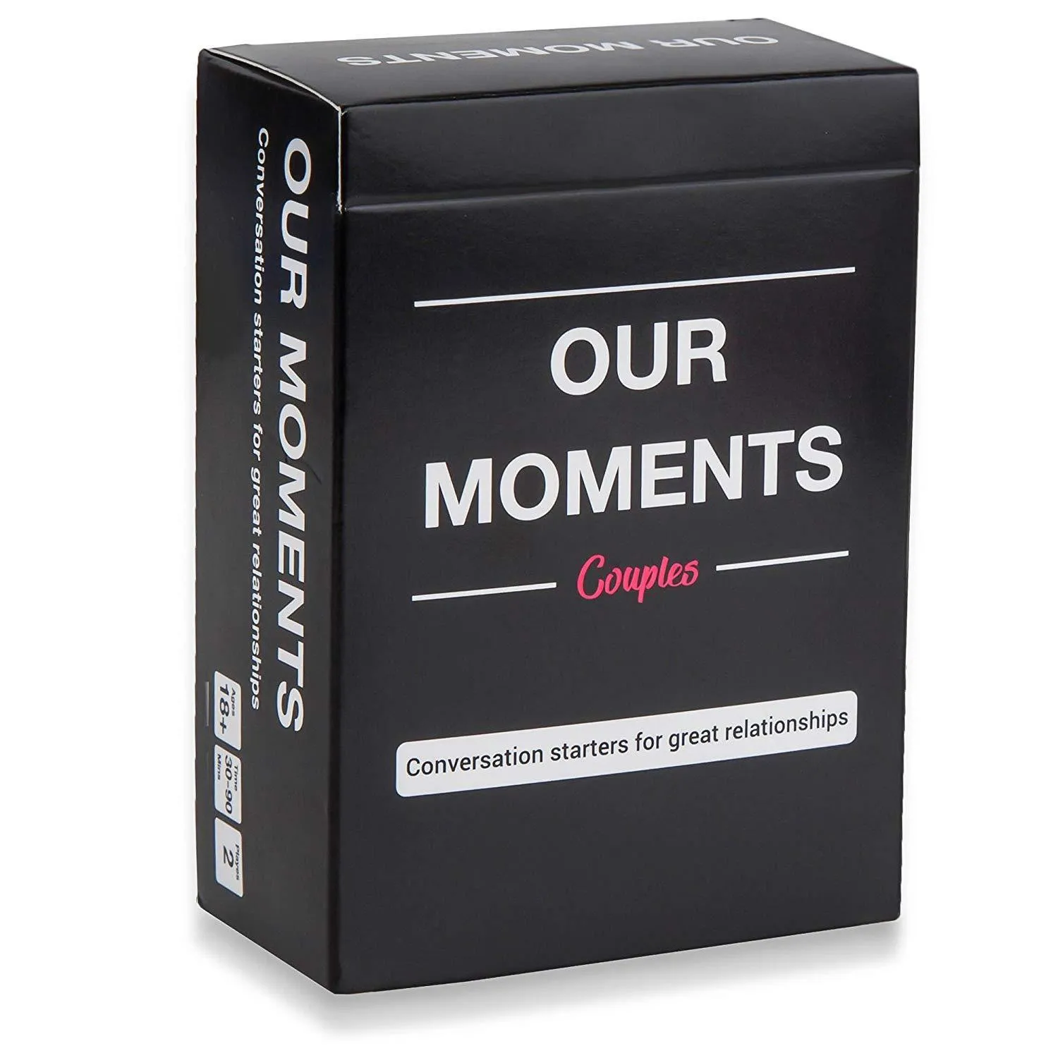 Black box of Our Time Lovers Edition communication cards for couples, showing card dimensions.