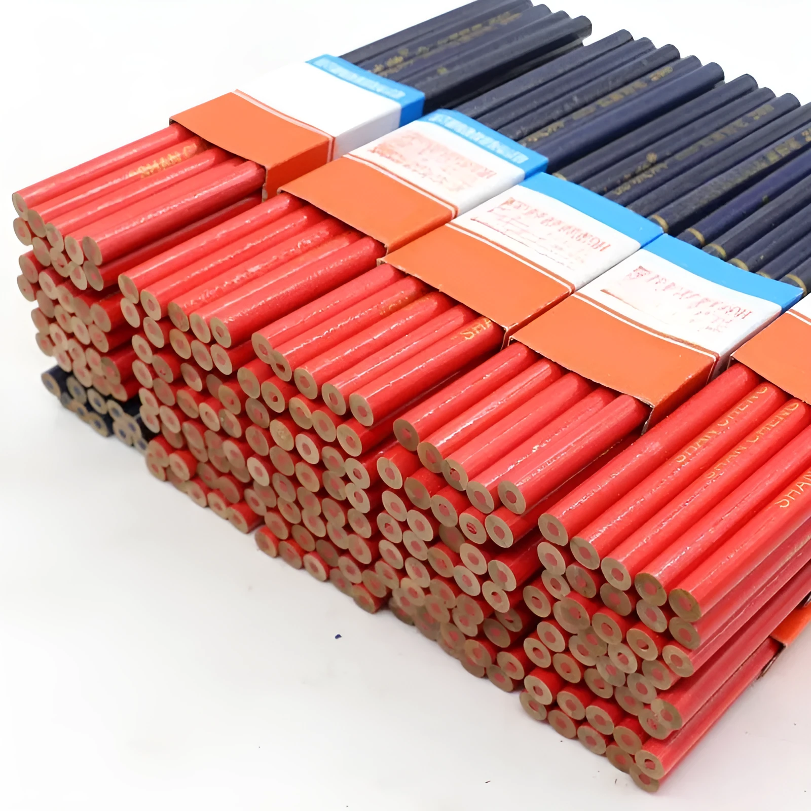 Pack of ten red and blue two-colour carpenter's pencils with round wooden casings.