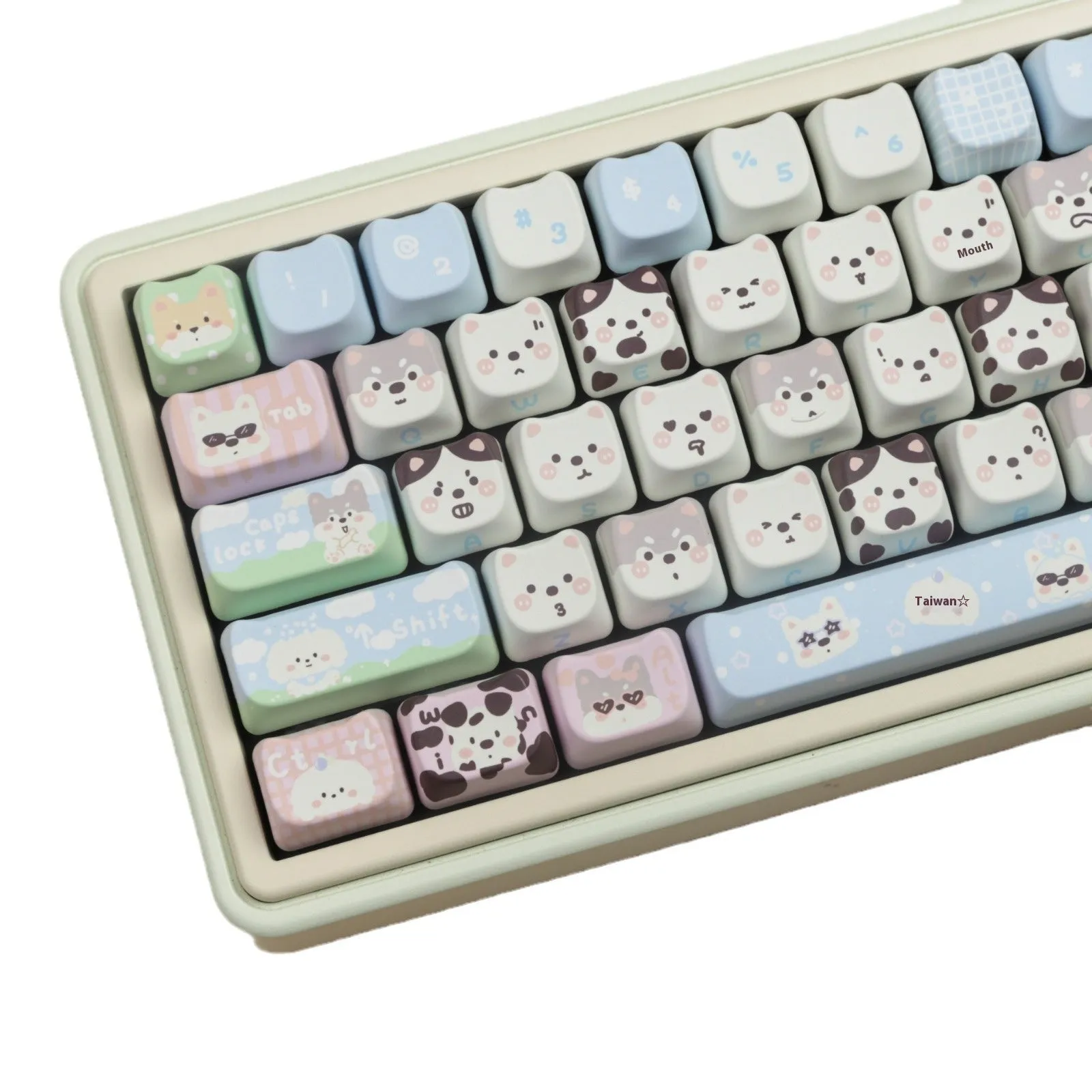 Full set of 26 PBT key caps with cute puppy designs for mechanical keyboards