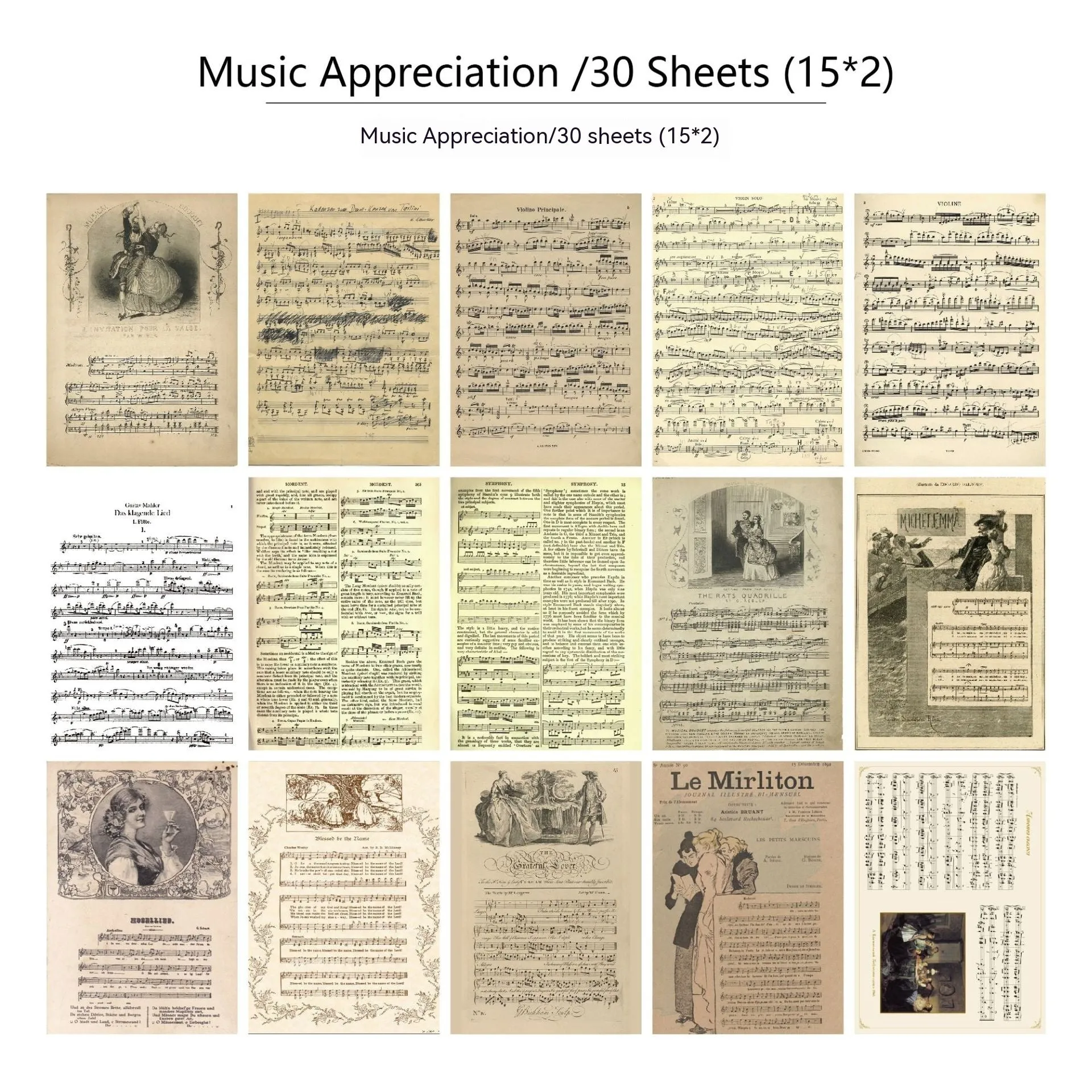 30 pieces of retro-style printed scrapbook paper with botanical, floral, letter, and musical designs