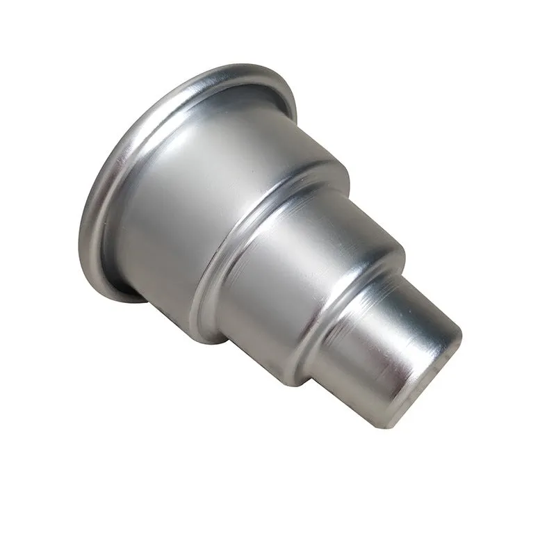 Silver aluminium mini cake mould with three cup sizes: large, medium, and small.