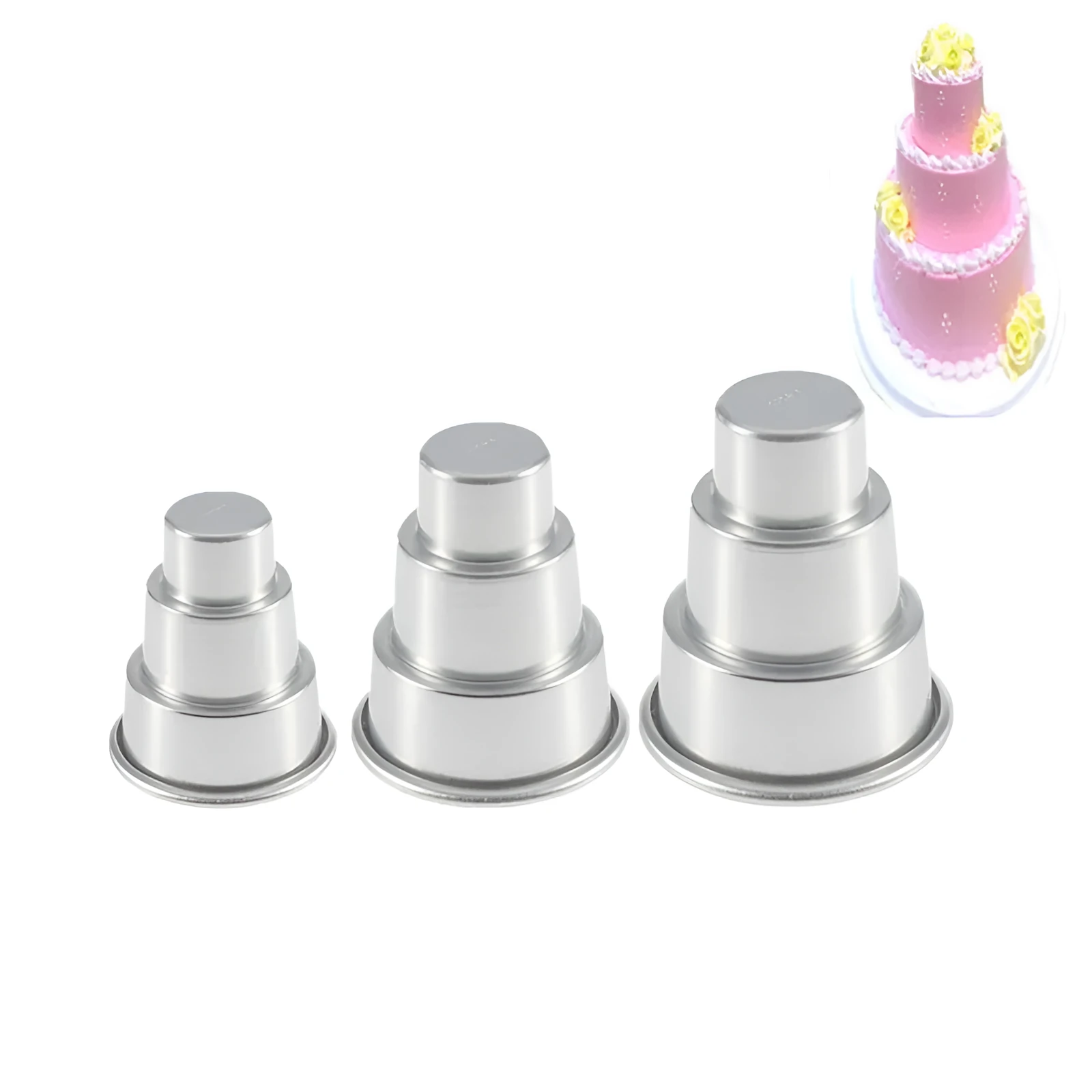 Silver aluminium mini cake mould with three cup sizes: large, medium, and small.