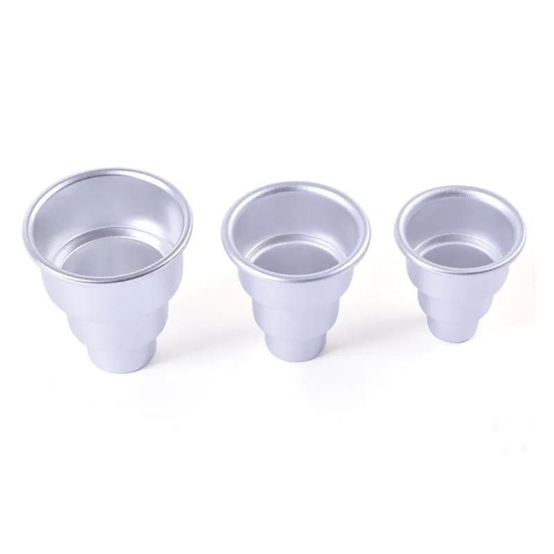 Silver aluminium mini cake mould with three cup sizes: large, medium, and small.