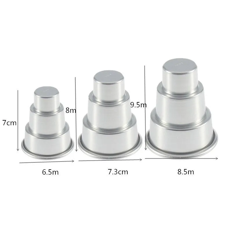 Silver aluminium mini cake mould with three cup sizes: large, medium, and small.