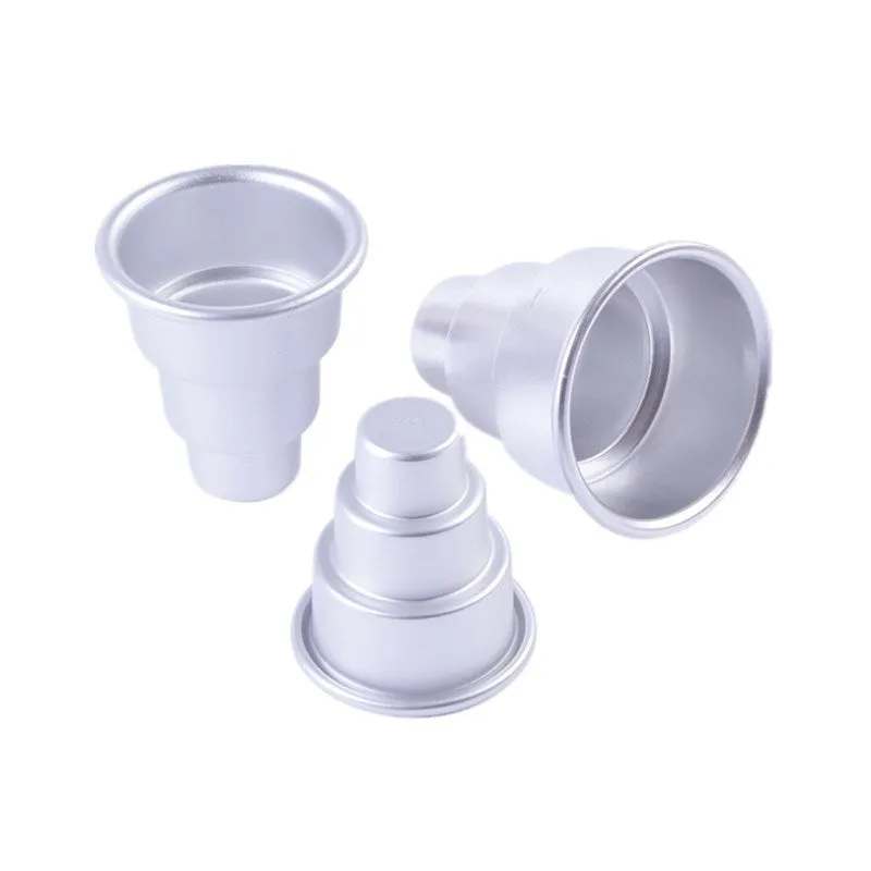 Silver aluminium mini cake mould with three cup sizes: large, medium, and small.
