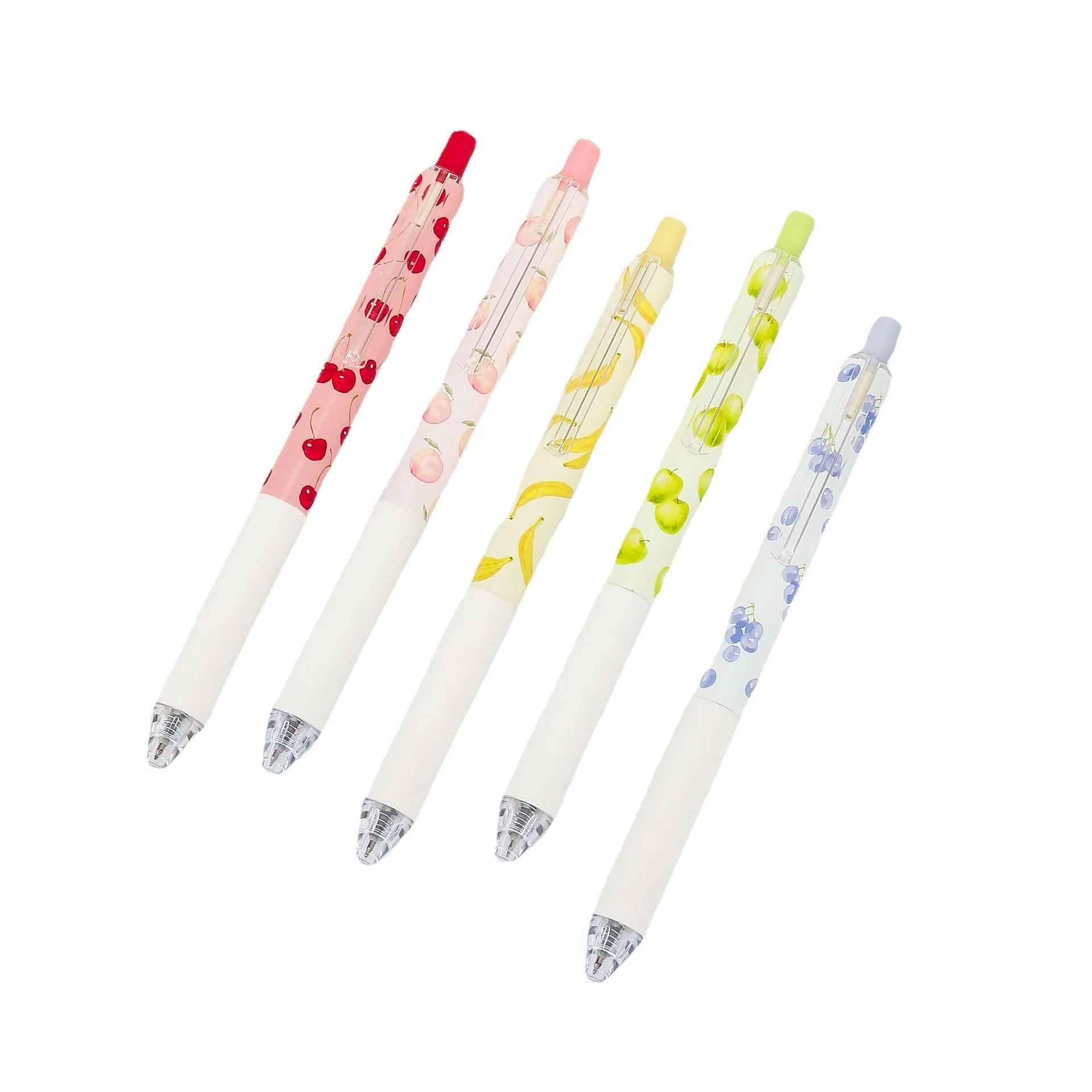 Three fruit scented press-action pens with 0.5mm quick-drying black refills on white background
