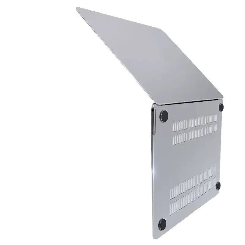 MacBook Pro laptop with a crystal transparent protective hard shell case snapped onto its lid and base.