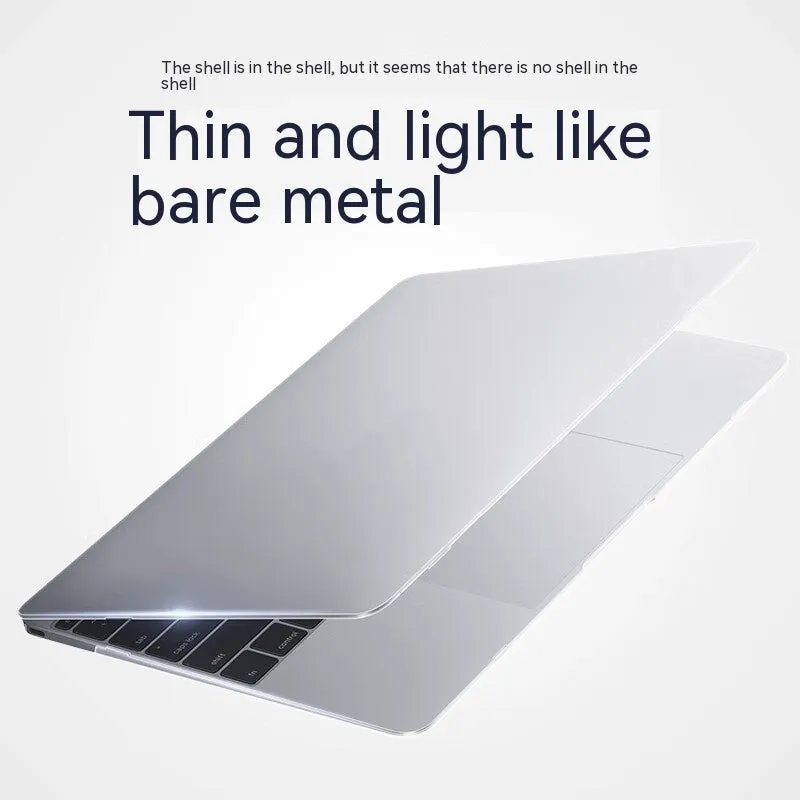 MacBook Pro laptop with a crystal transparent protective hard shell case snapped onto its lid and base.