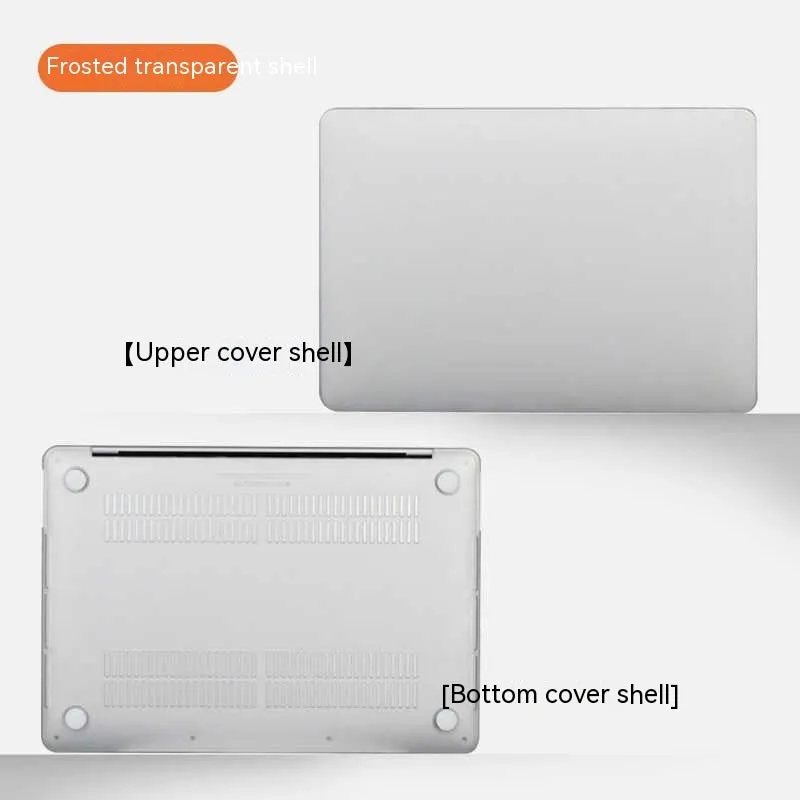 MacBook Pro laptop with a crystal transparent protective hard shell case snapped onto its lid and base.