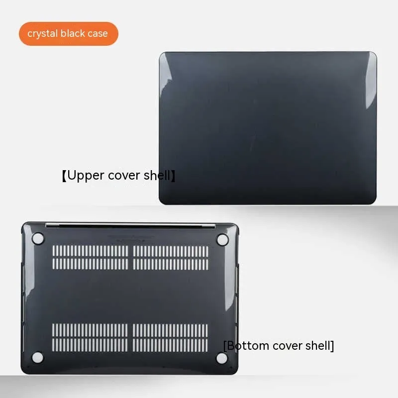MacBook Pro laptop with a crystal transparent protective hard shell case snapped onto its lid and base.