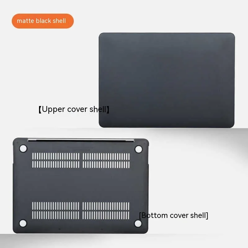 MacBook Pro laptop with a crystal transparent protective hard shell case snapped onto its lid and base.