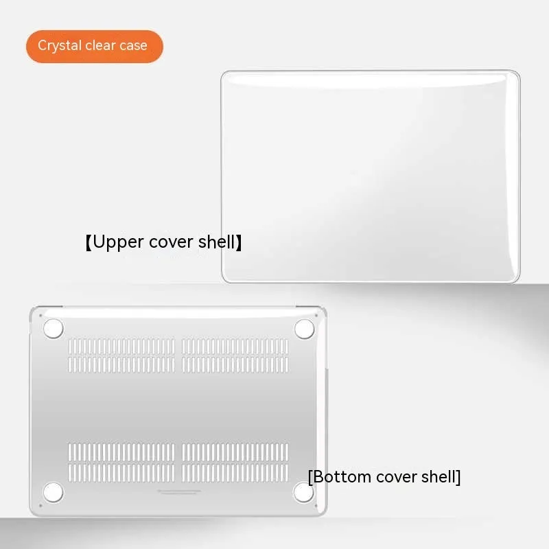 MacBook Pro laptop with a crystal transparent protective hard shell case snapped onto its lid and base.