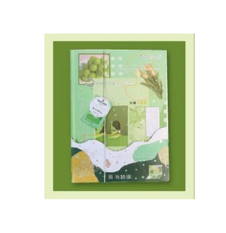 Hardcover notebook with a PVC cover, shown open to reveal blank pages, available in four decorative style options.