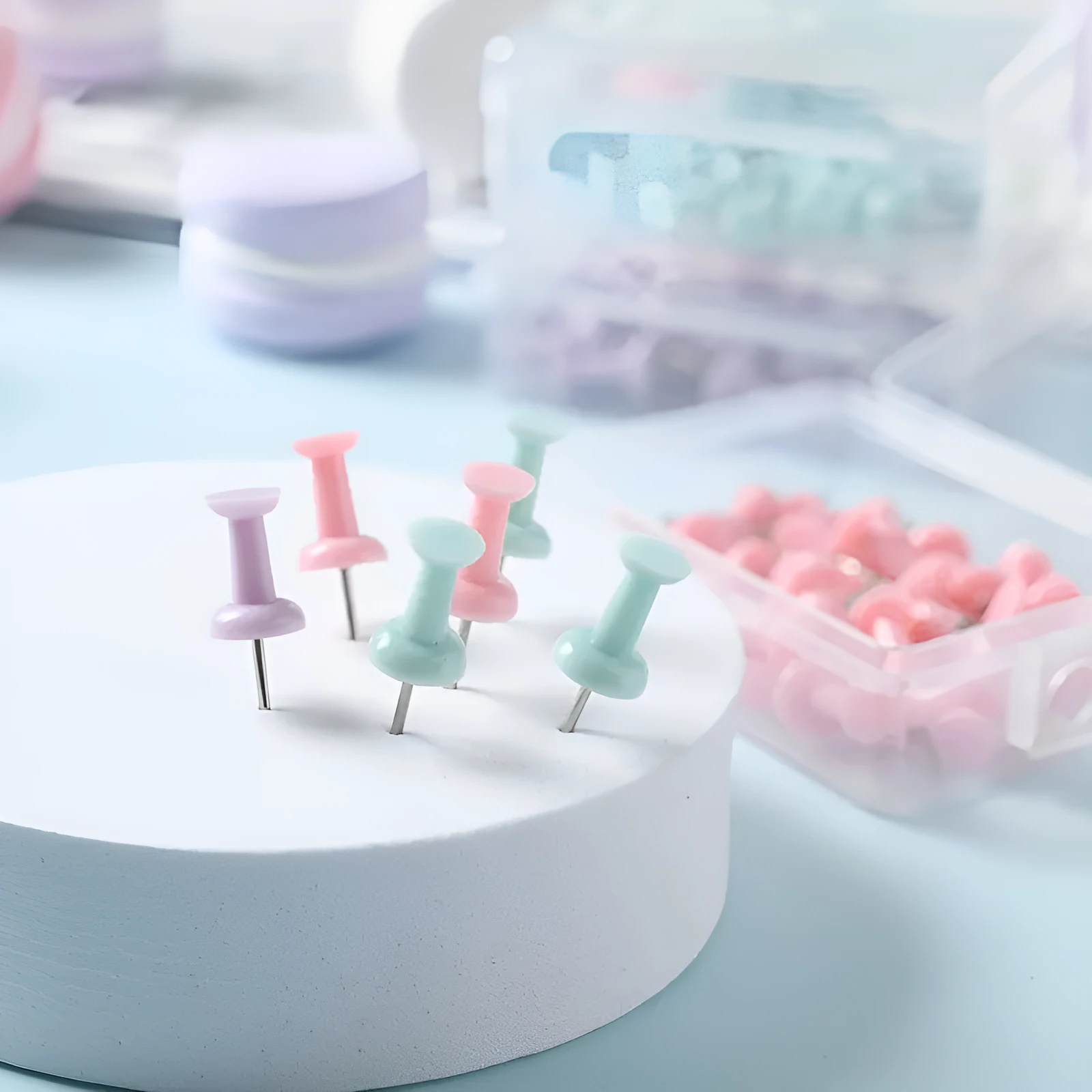 Boxed plastic push pins in macaron colours: cherry blossom pink, mint green, and lavender in large and small sizes