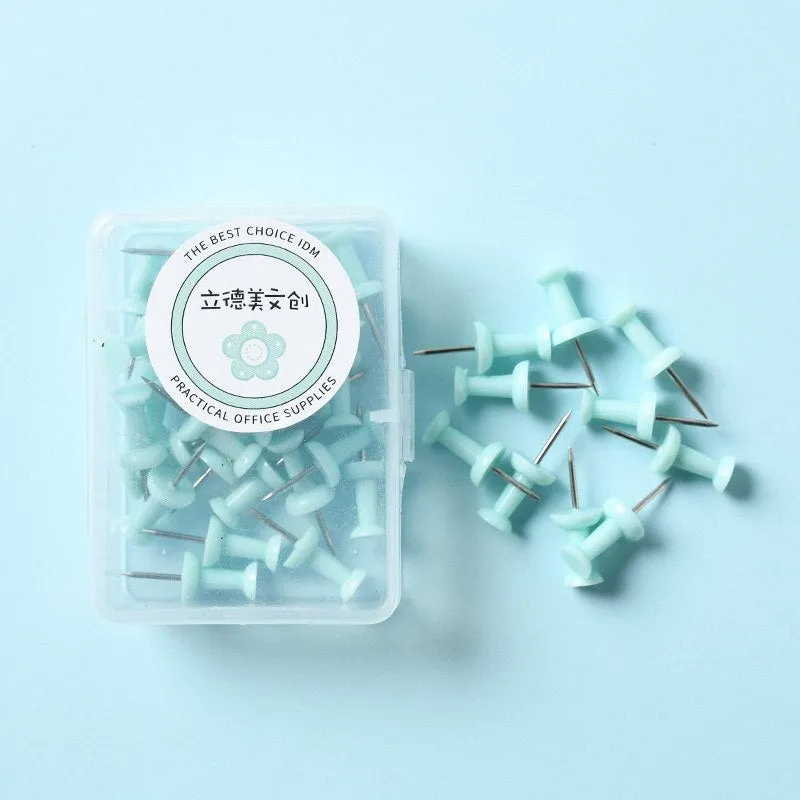 Boxed plastic push pins in macaron colours: cherry blossom pink, mint green, and lavender in large and small sizes