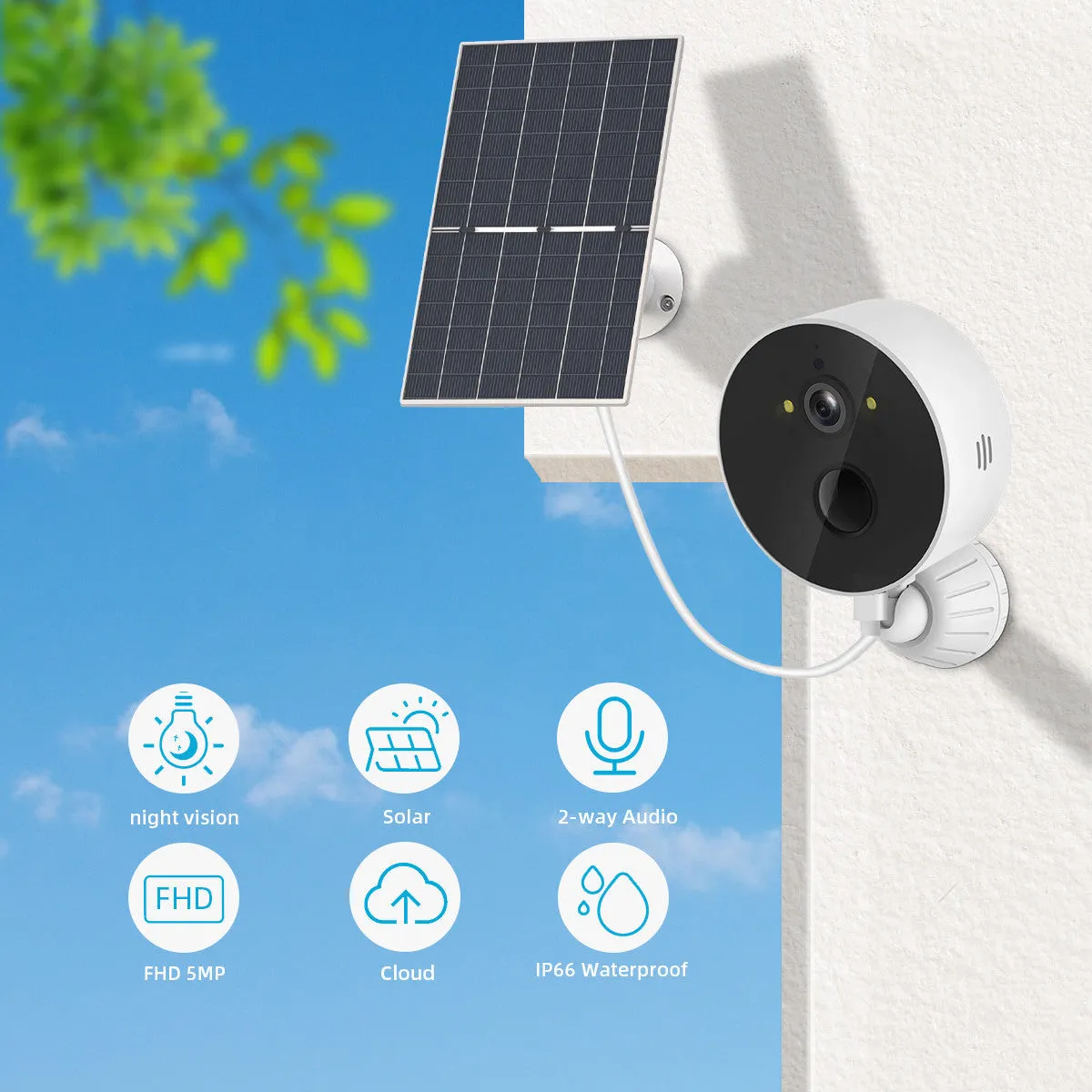 Outdoor solar-powered security camera and separate solar panel on a white background.