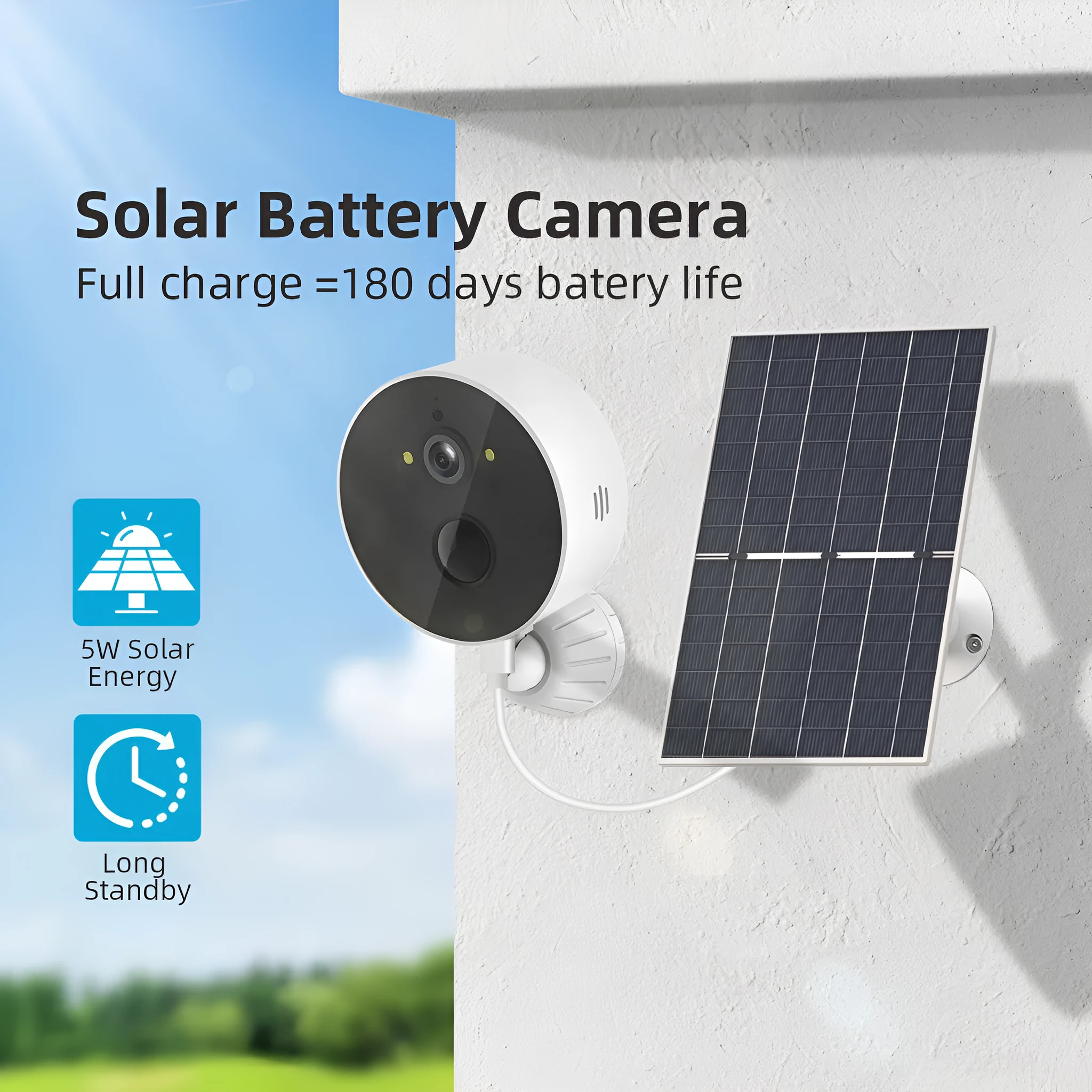 Outdoor solar-powered security camera and separate solar panel on a white background.